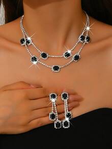 1 Set Alluring Sapphire Jewelry Set - Tassel Drop Earrings And Multi-Layer Necklace - Crystal And Silver Plated - Bridesmaid - Anniversary Gift - Silver Black - View 4