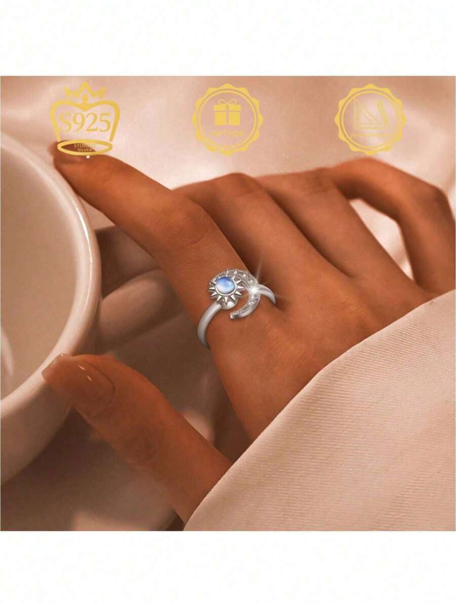 Nhẫn bạc 925 có thể điều chỉnh kích thước, họa tiết hình sao và trăng hình học, được thiết kế để giảm lo âu, phù hợp để đeo hàng ngày, hẹn hò, đi nghỉ mát, dự tiệc, cũng có thể dùng làm quà tặng ngày lễ. - Bạc - Xem 1