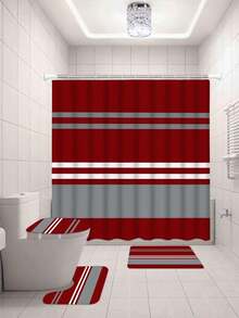 4pcs Minimalist Striped Shower Curtain Set - Includes Fabric Shower Curtain, Bath Mat, U-Shaped Mat, Toilet Lid Cover, European Minimalist Red & Gray Stripes - Multicolor - View 7
