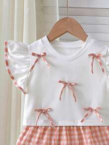 Toddler Girls' Summer Sleeveless Ruffle Trim Bow Decor Top & Plaid Ruffle Hem Skirt Elegant 2-Piece Set - Pink - View 3
