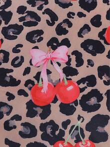 Marira Curve 2pcs Leopard Print & Cherry Blossom Bow Decor Plus Size Women Pajama Set, Soft Short Sleeve Shirt With Collar & Button, Elastic Waist Loose Shorts, Fashionable Sleepwear, Loungewear, Homewear For Daily, Holiday, Party - 棕色 - 查看 6