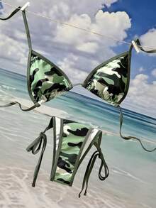 2026 女士粉色迷彩印花性感比基尼上衣，可调节侧系带三角泳裤套装，适合海滩度假 - 軍綠色 - 查看 5