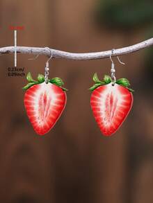 1 Pair 2D Flat Cartoon Strawberry Acrylic Pendant Earrings, Elegant Minimalist Style Jewelry Earrings For Women, Suitable For Daily And Holiday Wear - Red - View 3