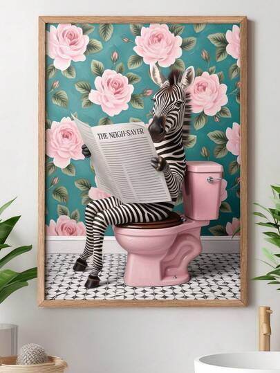 1pc, Canvas Wall Art, Framed Wall Art, Fun Zebra On The Toilet Poster, Tropical Plant Bathroom Art, Pink Poster, Zebra Reading The Newspaper, Bathroom And Toilet Animal Decor, Modern Aesthetic Decor, Apartment Decor, Stylish Home Decor, Room Decor Aesthetics, Dorm Room Decor, Living Room Decor, Bathroom Decor, Kitchen Decor, Decorative Gifts, Housewarming Gifts