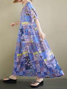 AZAH 2026夏季大尺碼女款波希米亞風藍色花卉印花短袖飄逸長洋裝，附口袋休閒針織面料長洋裝 - 藍色 - 查看 3