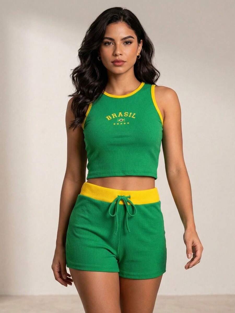 Women's Two-Piece Set Consisting Of A Sleeveless Cropped Top With A Round Neck And Drawstring Shorts, Featuring A Casual Brazilian Print. Made With Medium-Stretch Fabric For Greater Comfort In Summer. - 綠色 - 查看 1