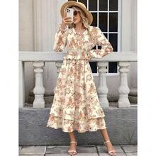 Women's Floral Midi Dress Long Sleeve V Neck Smocked Ruffle Boho Fall Dress - Màu be - Xem 5