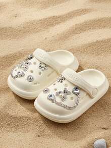 HAHABOBO Girls Pearl Rhinestone Bear Chain Closed Toe Clogs, Soft EVA Slip On Sandals, Kids Daily Shoes For School Beach Party Travel - White - View 1