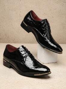 1 Pair Men's Lace-Up Pointed Toe Oxford Shoes, Featuring Crocodile Embossed PU Upper And Durable Rubber Sole, Suitable For Business And Casual Wear - Black - View 2