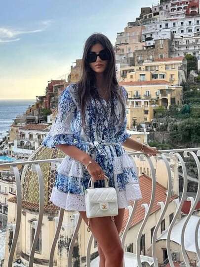 Spring Summer French Romantic Bohemian Sweet Retro Seaside Vacation Hand-Painted Patchwork Embroidered Fabric V-Neck Stand Collar Single-Breasted Button Flared Sleeves Loose H-Line Women's Short Dress Elegant