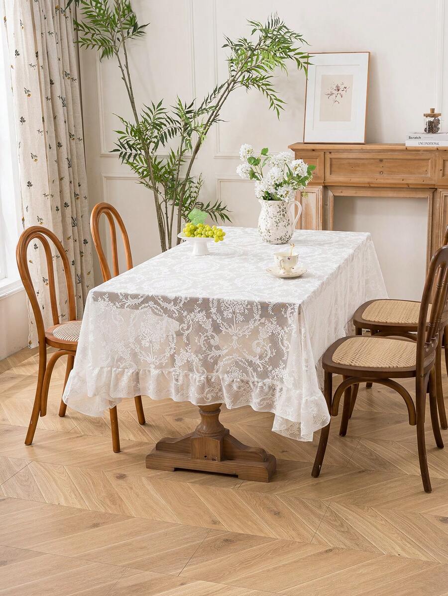 1pc Elegant French Floral Lace Trim Tablecloth, Fresh Decor For Dining Table, Holiday - White - View 1