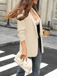 Áo blazer nữ màu trơn tối giản, kiểu dáng nhẹ nhàng, thích hợp mặc mùa hè, áo khoác mùa hè thanh lịch có ve áo ôm sát, thích hợp cho mùa xuân. - Màu be - Xem 5