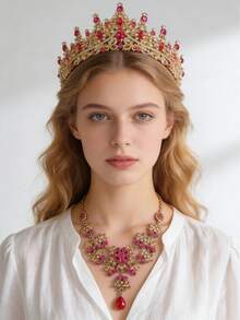 Bộ trang sức 4 món kiểu hoàng gia sang trọng với pha lê, dây chuyền, bông tai và vương miện, thích hợp cho đám cưới, tiệc tùng và sự kiện. - Nhiều màu - Xem 3