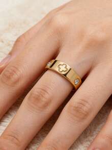 1 pieza Anillo de mujer de acero inoxidable chapado en oro con rhinestones, alta retención de color, baja alergenicidad, adecuado para apilar y uso diario, regalo de joyería exquisita - Trébol de cuatro hojas - Ver 2