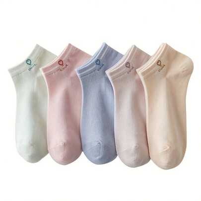 5 đôi tất ngắn thoáng khí bằng lưới dành cho nữ, thiết kế tối giản hình trái tim và chữ cái, thích hợp cho công sở, nhà và các hoạt động ngoài trời vào mùa xuân/hè.