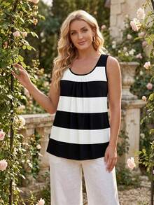 Plus Size Women's Elegant Sleeveless Patchwork Color Tank Top, Front Pleated Workmanship Top Vest, Suitable For Spring, Summer, Autumn Casual - Black and White - View 3