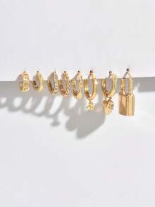 8pcs/Set Elegant Zirconia Clip-On Earrings, Minimalist Chic Jewelry Set Suitable For Women's Date, Party, Daily Commute - Yellow Gold - View 3