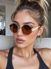 1 par de gafas de moda unisex con marco de metal vintage en forma de rombo y poligonal, marco de metal único adecuado para fotografía callejera, vacaciones y uso diario - Dorado - Ver 6