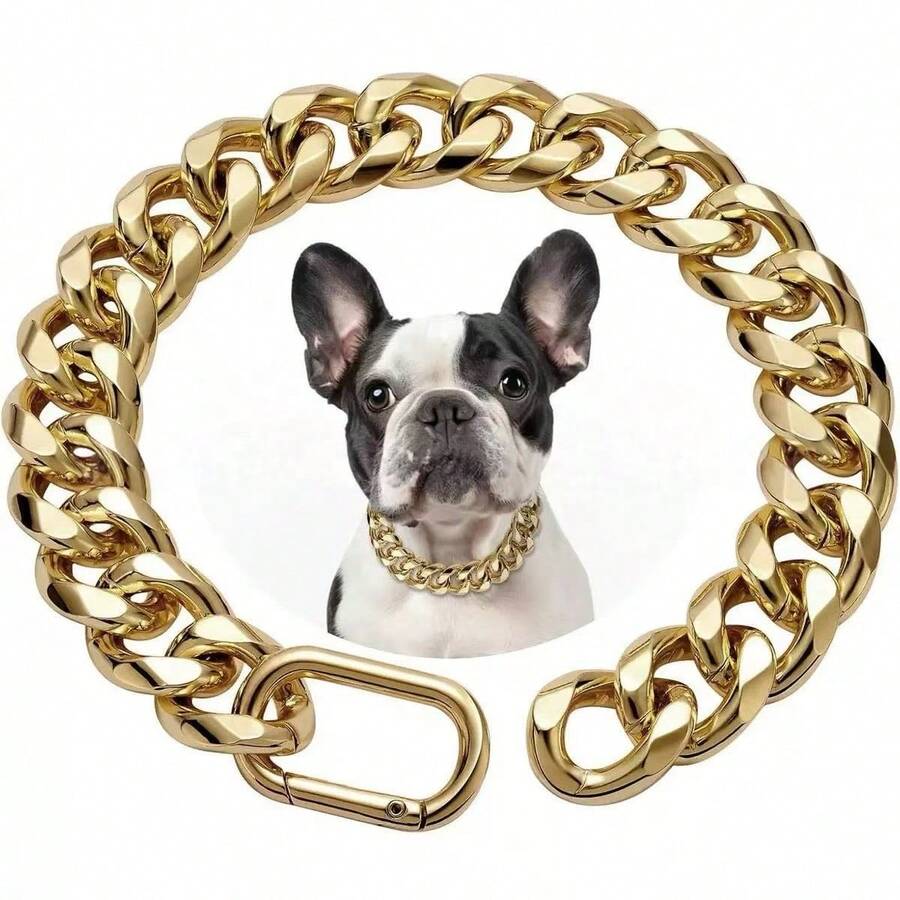 Strong Stainless Steel Dog Collar, Buckle Lock, Gold Cuban Chain Training Collar, Pet Metal Necklace - Silver - View 1