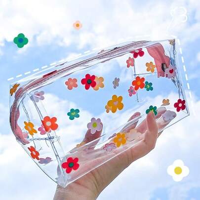 1 pieza/2 piezas Bolsa de cosméticos transparente de gran capacidad de PVC, bolsa de almacenamiento portátil para artículos de tocador, artículos de papelería, artículos de viaje, maquillaje
