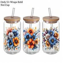 4 PIEZAS Pegatinas de transferencia UV con estampado de flores silvestres en acuarela para vasos Libbey de 16 onzas, pegatinas de transferencia DIY para decorar vasos de vidrio, pegatinas impermeables para botellas - Multicolor - Ver 8