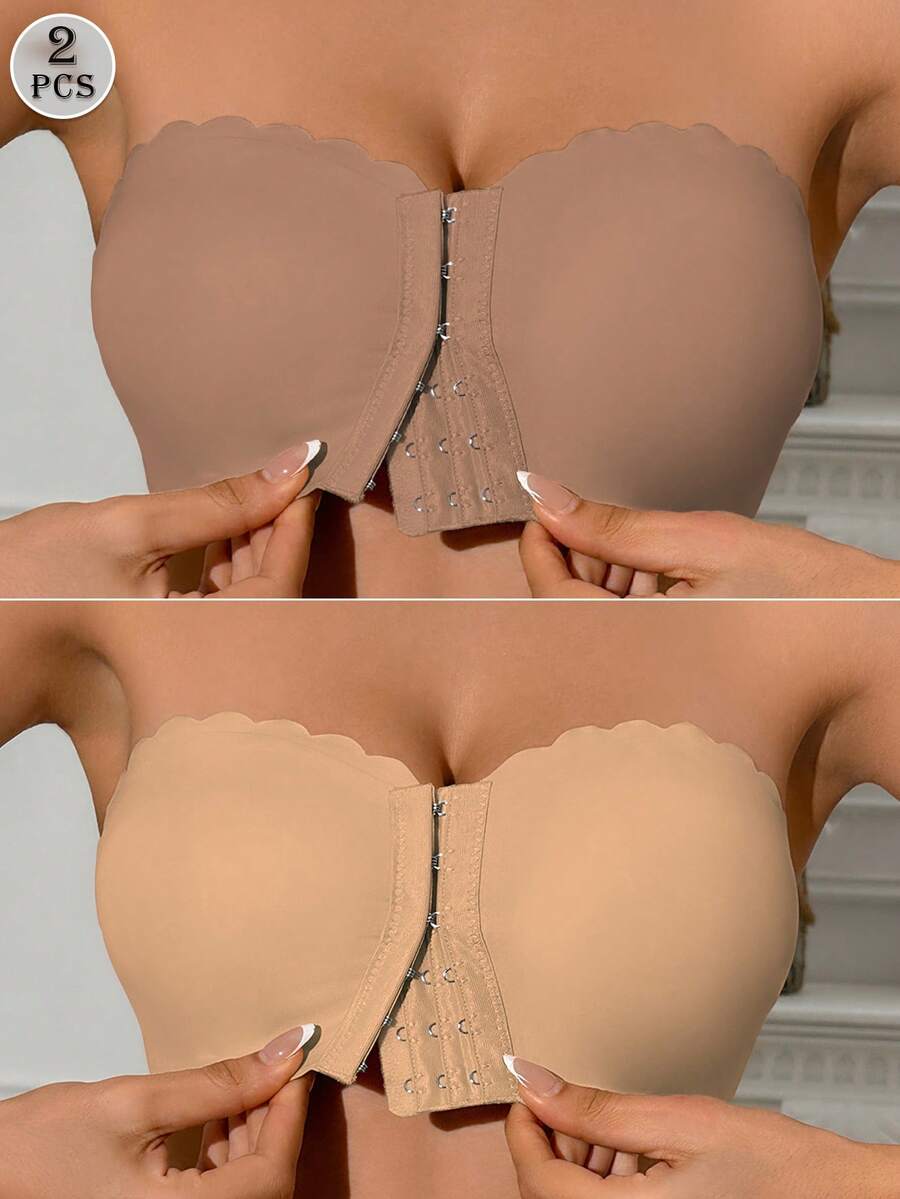 2pcs (Mocha + Dark Apricot) Front Closure Bandeau Bra, Upgraded Non-Slip Silicone, Wireless Seamless Bra (A-C Cup) - Multicolor - View 1