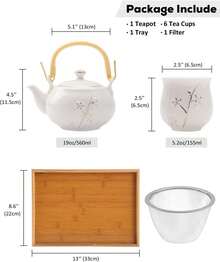 Dujust Japanese Tea Set, Cyan-Blue Porcelain Tea Set With 1 Teapot, 6 Tea Cups, 1 Tea Tray, 1 Stainless Steel Infuser, Asian Tea Set For Tea Lovers - White - View 3
