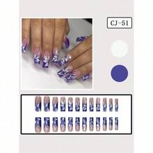 24pcs Long European Square Fake Nails, Purple French White Flower Nail Art Fake Nails, Wearable Nails, Fully Covered And Removable, Suitable For Women's Parties, Dancing, And Daily Use - Màu tím - Xem 3