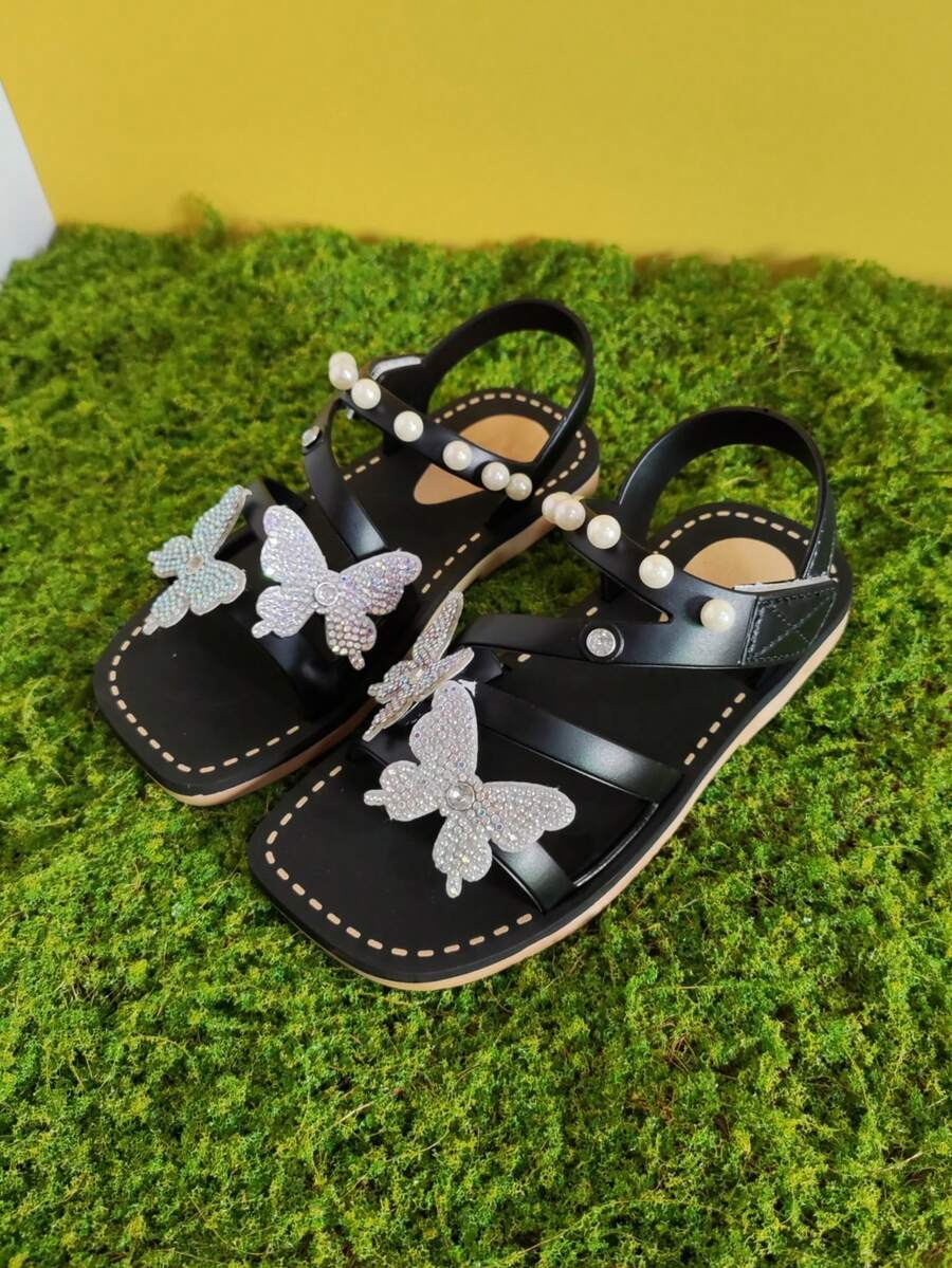 1 Pair Girls' Shiny Butterfly Decor Fashion Sandals, Comfortable Breathable Flat Sandals Suitable For Outdoor, Travel, Spring/Summer - Black - View 1