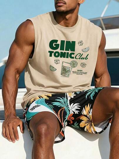 1 pieza Camiseta de tirantes de hombre de verano casual con estampado de jugo de frutas de cuello redondo