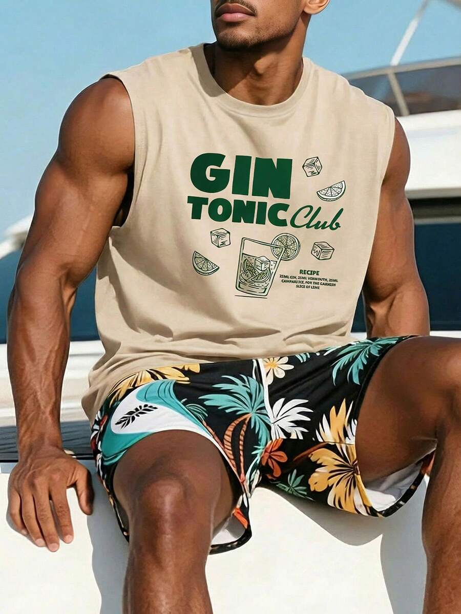 1 pieza Camiseta de tirantes de hombre de verano casual con estampado de jugo de frutas de cuello redondo - Albaricoque - Ver 1
