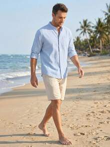 Casual Linen Loose Breathable Retro Mandarin Collar Long Sleeve Shirt - Baby Blue - View 2