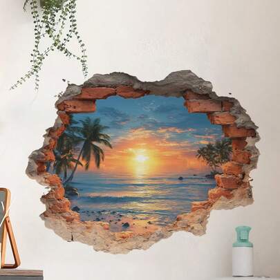 破墙场景，夕阳缓缓落下，橙色的天空，海边的椰子树。窗贴和墙贴，自粘式，适用于客厅、卧室、学校、办公室和浴室。