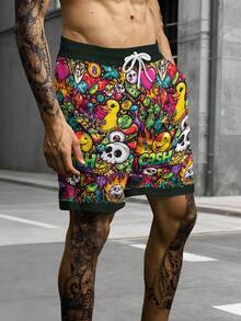 1 pieza Pantalones cortos de hombre de verano con estampado de arte pop de graffiti, pantalones cortos de playa informales con cordón en la cintura - Multicolor - Ver 5