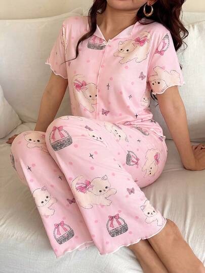 Women's V-Neck Cartoon Print Pajama Set, Cuffed Short Sleeve Top And Cuffed Long Pants, Cute Sleepwear Set, Ladies' Casual Fashionable Pajama Set
