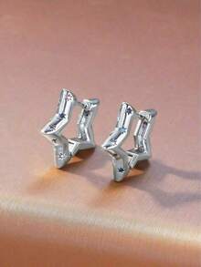 Hihho 2pcs Bright Color Cubic Zirconia Embedded Smooth Pentagram Cubic Zirconia Hoop Earrings For Women, Unique Creative Stars Earrings For Daily Wear, Holiday Party Gifts - 黃金 - 查看 3