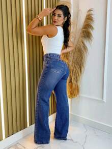 Pantalones vaqueros largos de mezclilla sin lavar para mujer, estilo casual, corte ancho y elástico. - Niebla azul - Ver 5