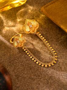 1pc Adjustable Ring, Luxury Style Copper Gold-Plated Heart Chain Connected Finger Ring, Suitable For Women Wedding Party Accessories - Yellow Gold - View 2