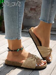 WRCVS 棕色编织款 Birkenstocks 风格女士平底凉鞋，皮革和织物拼接，透气轻便，配有搭扣和蝴蝶结装饰，柔软软木鞋底，防滑，适合沙滩、波西米亚风度假穿着。 - 棕色 - 查看 4