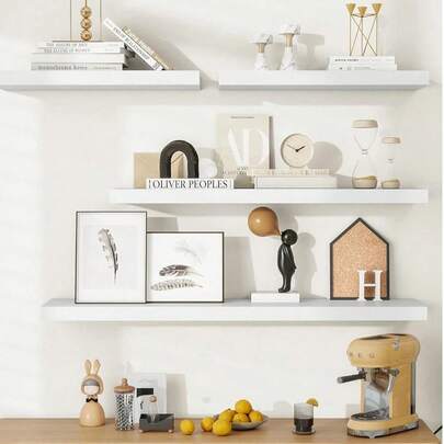 1. Kệ treo tường dày dặn, kệ treo tường lớn màu trắng với giá đỡ chắc chắn, phù hợp cho phòng ngủ, phòng khách, nhà bếp, văn phòng, v.v., cung cấp không gian lưu trữ và trưng bày rộng rãi trên tường.