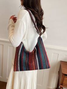 Túi đeo chéo bằng cotton màu trơn đa năng mới, túi baguette tối giản phong cách thường ngày với sọc màu tương phản, túi xô cỡ lớn. - Đỏ - Xem 11