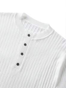 男士时尚休闲修身亨利领条纹短袖衬衫，夏季 - 白色 - 查看 6
