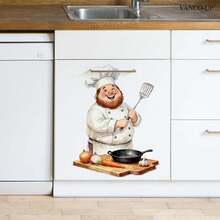1 pieza Pegatina de pared de chef, pegatina autoadhesiva de cocinero de dibujos animados lindo para salpicadero de cocina, estufa, decoración del hogar y comedor, removible e impermeable - Pegatinas de pared con temática de chef - Ver 4
