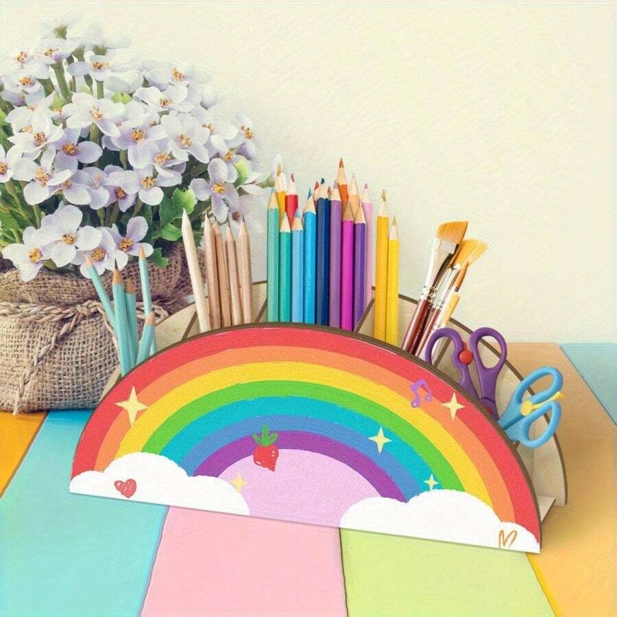 Rainbow Star Semi-Circle Wooden Pen Holder | Art Supplies Brush Scissors Storage Box - A - View 1