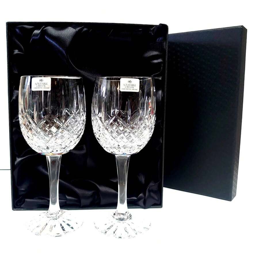 Pair Of 24% Hand Cut Lead Crystal Large Red Wine Goblets In Presentation Box - View 1