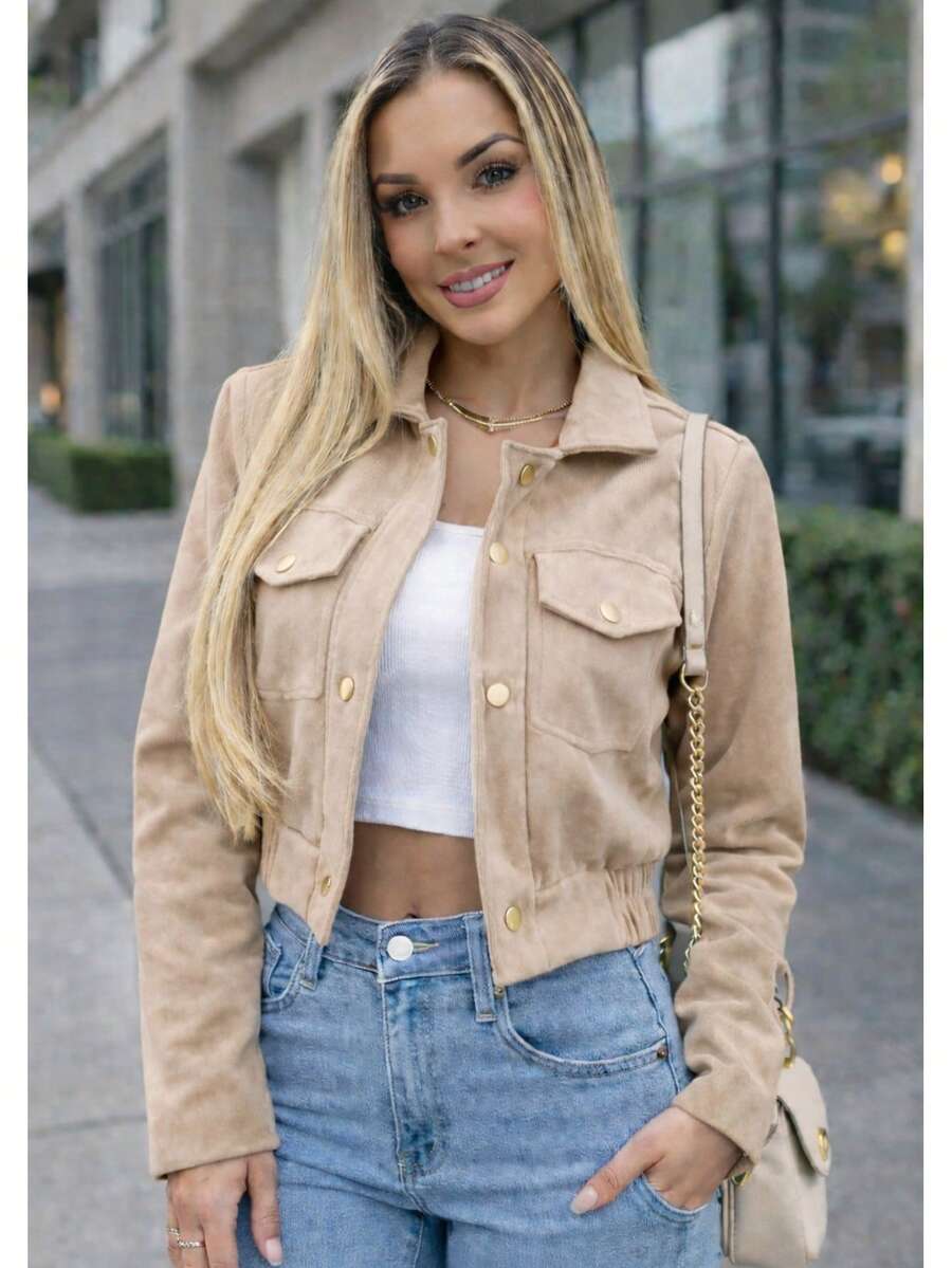 Women's Cropped Suede Jacket With Gold Buttons And Fitted Waist – Casual Chic Look - 米色 - 查看 1