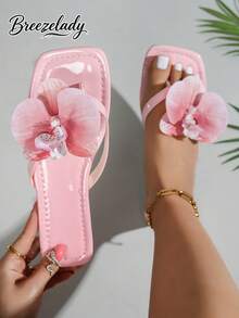 Breezelady New 2025&2026 Large Size European Style Summer Open Toe Faux Flower Decor Flat Slide Sandals For Women - 粉色 - 查看 1