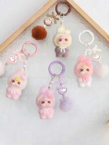 New Flocked Ombre Asymmetric Ear Keychain, Fashionable Cute Cartoon Accessory Bag Charm Key Chain - Multicolor - View 2