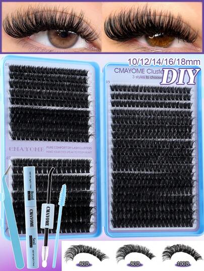 CMAYOME 720/666pcs D-Curl Synthetic Fiber Eyelash Extension Set, Includes 30D+40D+50D/60D+80D+100D Different Density Long Soft Eyelash Clusters