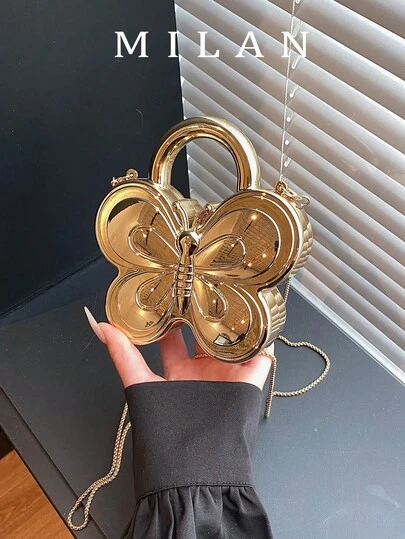 New Solid Color Butterfly Evening Bag, Women's Luxury One Shoulder Bag With Chain, Fashion Crossbody Bag, Casual Versatile Mini Cosmetic Box Handbag